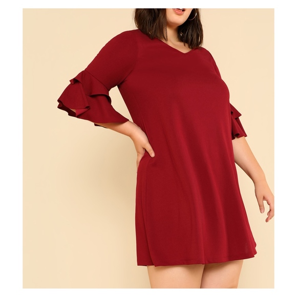 Burgundy Half Ruffle Sleeve Plus Size Shift Dress - Picture 2 of 6